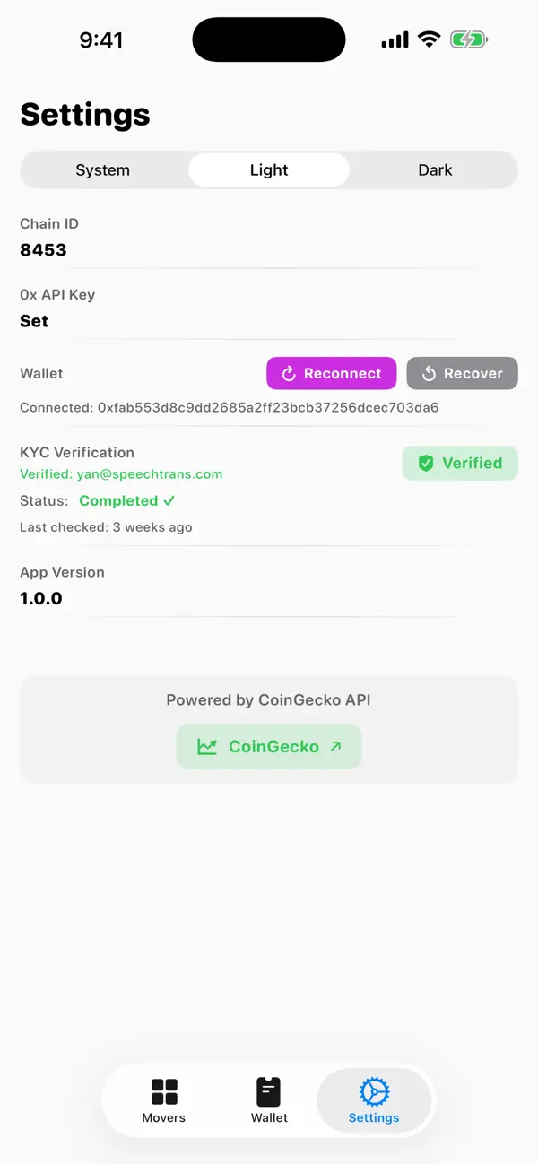 CripViz wallet security settings screenshot